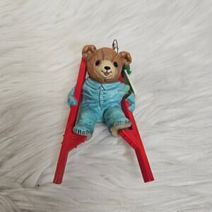 Vintage Enesco Teddy Bear in Pajamas on Stilts Christmas ornament 1986